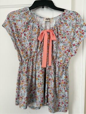 Haptics Light Blue Floral Blouse with Pink Tie